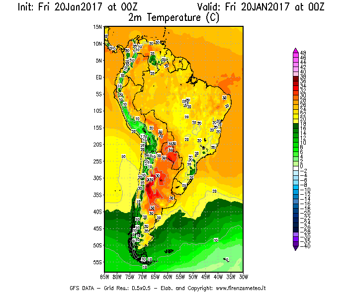 Mappa di analisi GFS - Temperatura a 2 metri dal suolo [°C] in Sud-America
							del 20/01/2017 00 <!--googleoff: index-->UTC<!--googleon: index-->