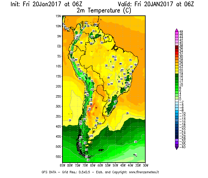 Mappa di analisi GFS - Temperatura a 2 metri dal suolo [°C] in Sud-America
							del 20/01/2017 06 <!--googleoff: index-->UTC<!--googleon: index-->