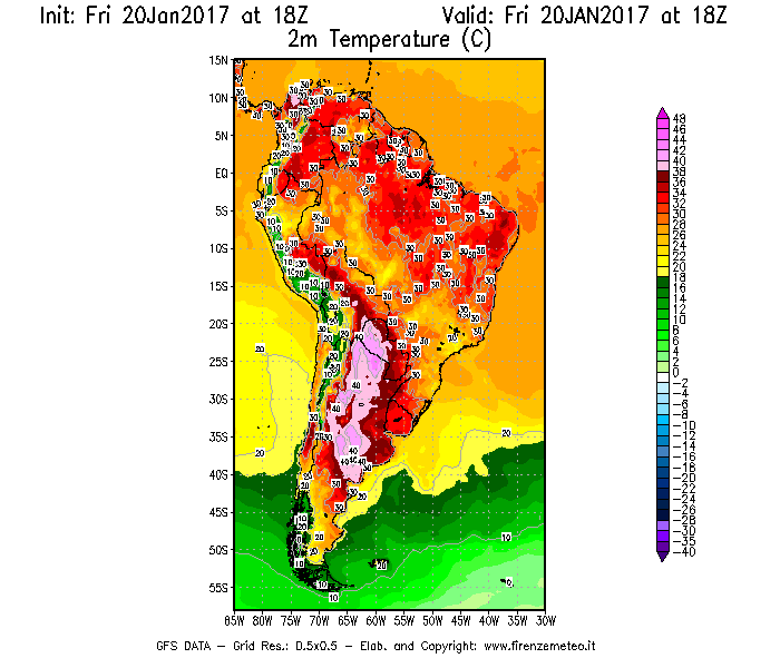 Mappa di analisi GFS - Temperatura a 2 metri dal suolo [°C] in Sud-America
									del 20/01/2017 18 <!--googleoff: index-->UTC<!--googleon: index-->