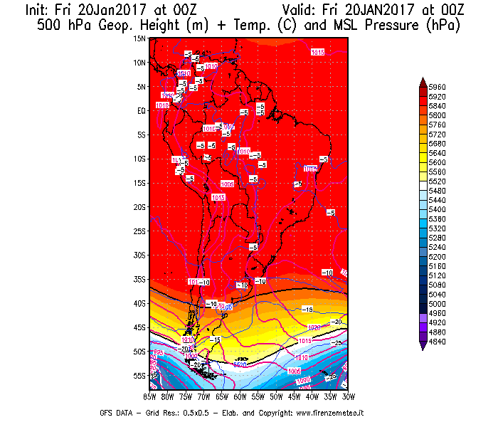 Mappa di analisi GFS - Geopotenziale [m] + Temp. [°C] a 500 hPa + Press. a livello del mare [hPa] in Sud-America
							del 20/01/2017 00 <!--googleoff: index-->UTC<!--googleon: index-->