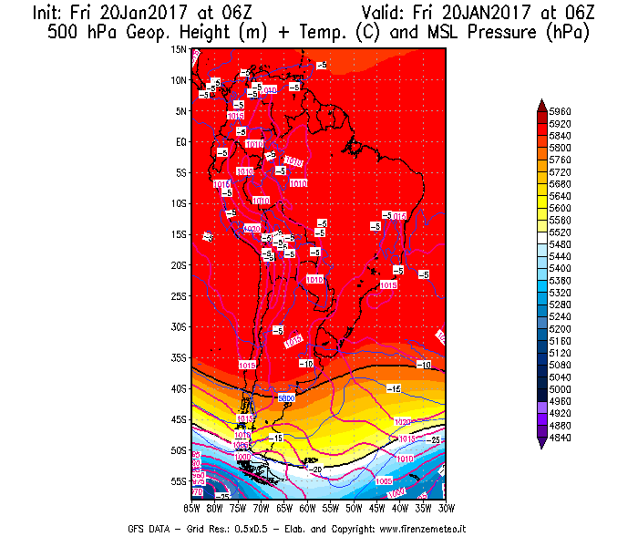 Mappa di analisi GFS - Geopotenziale [m] + Temp. [°C] a 500 hPa + Press. a livello del mare [hPa] in Sud-America
							del 20/01/2017 06 <!--googleoff: index-->UTC<!--googleon: index-->