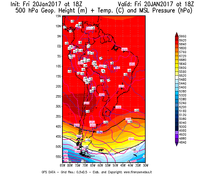 Mappa di analisi GFS - Geopotenziale [m] + Temp. [°C] a 500 hPa + Press. a livello del mare [hPa] in Sud-America
									del 20/01/2017 18 <!--googleoff: index-->UTC<!--googleon: index-->