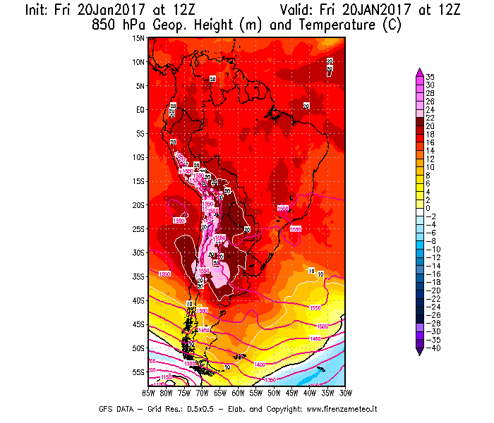 Mappa di analisi GFS - Geopotenziale [m] e Temperatura [°C] a 850 hPa in Sud-America
									del 20/01/2017 12 <!--googleoff: index-->UTC<!--googleon: index-->