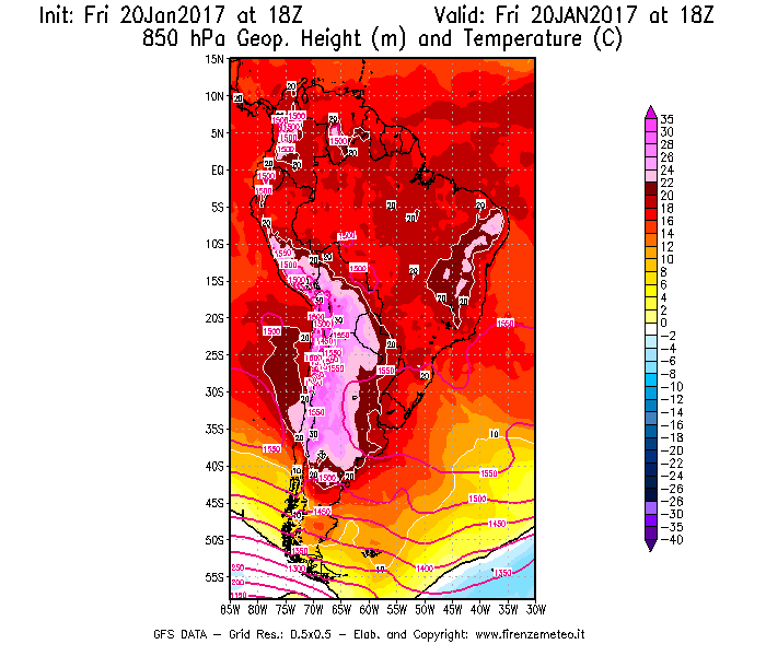 Mappa di analisi GFS - Geopotenziale [m] e Temperatura [°C] a 850 hPa in Sud-America
									del 20/01/2017 18 <!--googleoff: index-->UTC<!--googleon: index-->