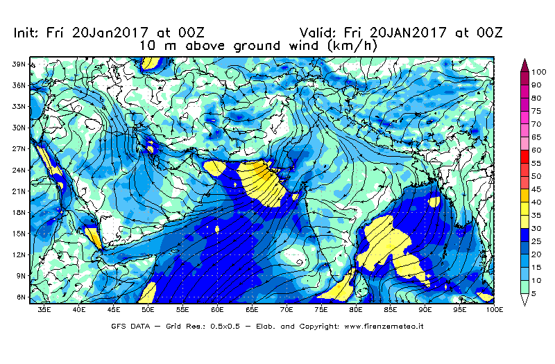 Mappa di analisi GFS - Velocità del vento a 10 metri dal suolo [km/h] in Asia Sud-Occidentale
							del 20/01/2017 00 <!--googleoff: index-->UTC<!--googleon: index-->