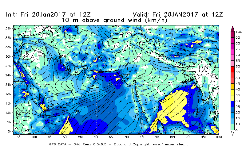 Mappa di analisi GFS - Velocità del vento a 10 metri dal suolo [km/h] in Asia Sud-Occidentale
									del 20/01/2017 12 <!--googleoff: index-->UTC<!--googleon: index-->