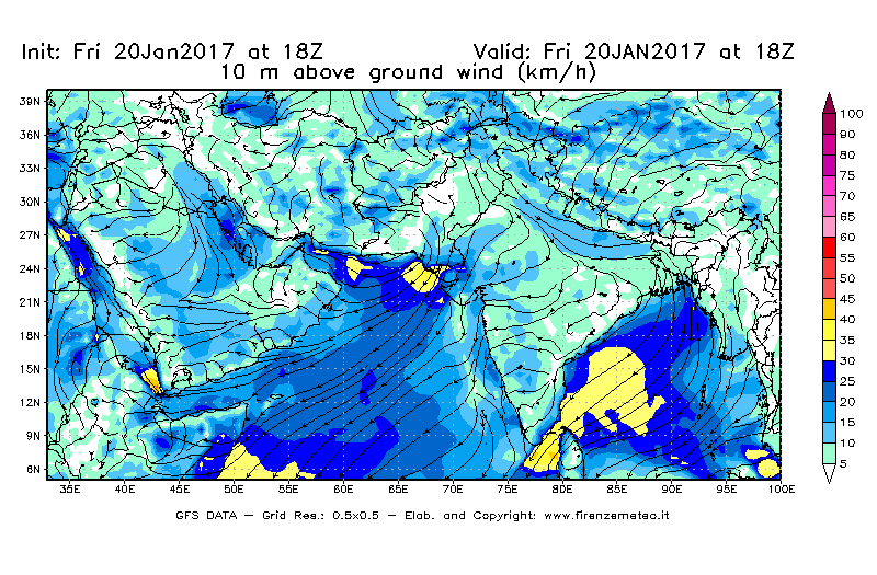 Mappa di analisi GFS - Velocità del vento a 10 metri dal suolo [km/h] in Asia Sud-Occidentale
							del 20/01/2017 18 <!--googleoff: index-->UTC<!--googleon: index-->