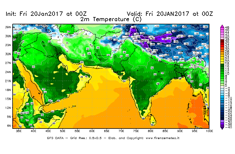 Mappa di analisi GFS - Temperatura a 2 metri dal suolo [°C] in Asia Sud-Occidentale
									del 20/01/2017 00 <!--googleoff: index-->UTC<!--googleon: index-->