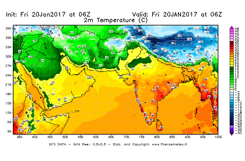 Mappa di analisi GFS - Temperatura a 2 metri dal suolo [°C] in Asia Sud-Occidentale
							del 20/01/2017 06 <!--googleoff: index-->UTC<!--googleon: index-->