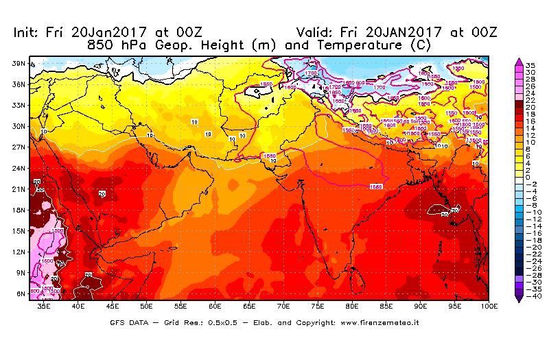 Mappa di analisi GFS - Geopotenziale [m] e Temperatura [°C] a 850 hPa in Asia Sud-Occidentale
							del 20/01/2017 00 <!--googleoff: index-->UTC<!--googleon: index-->