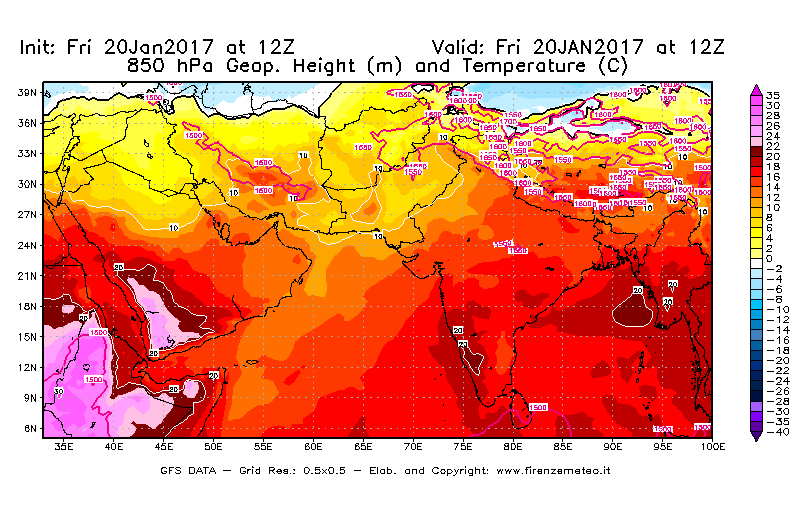 Mappa di analisi GFS - Geopotenziale [m] e Temperatura [°C] a 850 hPa in Asia Sud-Occidentale
							del 20/01/2017 12 <!--googleoff: index-->UTC<!--googleon: index-->
