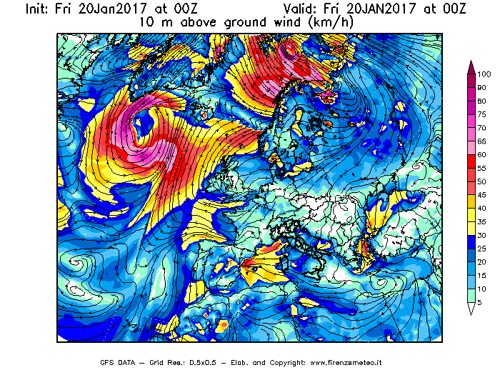 Mappa di analisi GFS - Velocità del vento a 10 metri dal suolo [km/h] in Europa
									del 20/01/2017 00 <!--googleoff: index-->UTC<!--googleon: index-->