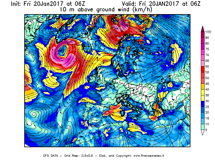 Mappa di analisi GFS - Velocità del vento a 10 metri dal suolo [km/h] in Europa
							del 20/01/2017 06 <!--googleoff: index-->UTC<!--googleon: index-->