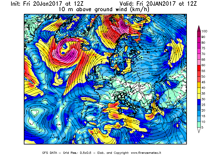 Mappa di analisi GFS - Velocità del vento a 10 metri dal suolo [km/h] in Europa
							del 20/01/2017 12 <!--googleoff: index-->UTC<!--googleon: index-->