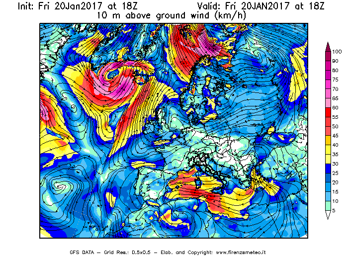 Mappa di analisi GFS - Velocità del vento a 10 metri dal suolo [km/h] in Europa
							del 20/01/2017 18 <!--googleoff: index-->UTC<!--googleon: index-->