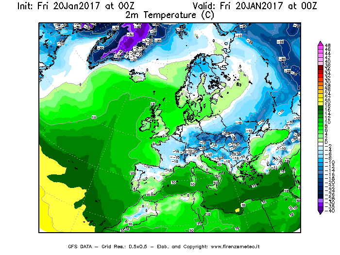 Mappa di analisi GFS - Temperatura a 2 metri dal suolo [°C] in Europa
									del 20/01/2017 00 <!--googleoff: index-->UTC<!--googleon: index-->