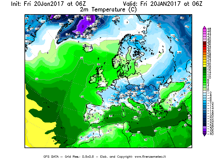 Mappa di analisi GFS - Temperatura a 2 metri dal suolo [°C] in Europa
									del 20/01/2017 06 <!--googleoff: index-->UTC<!--googleon: index-->