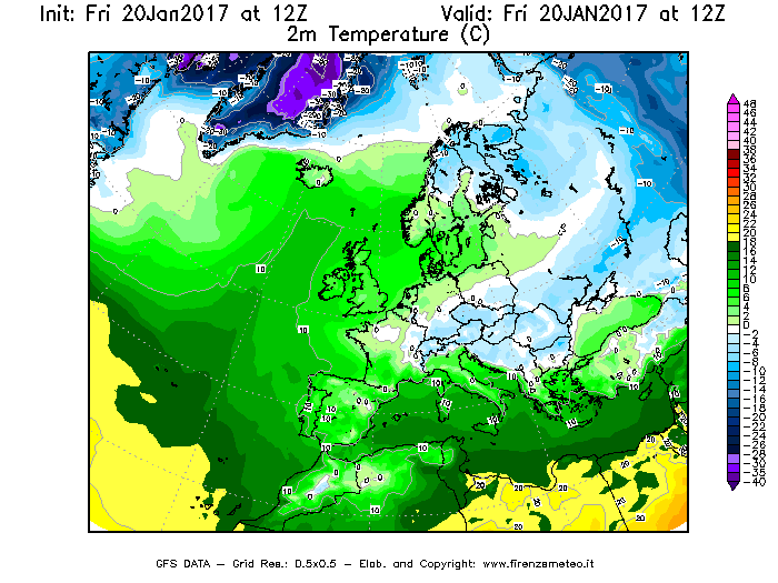 Mappa di analisi GFS - Temperatura a 2 metri dal suolo [°C] in Europa
							del 20/01/2017 12 <!--googleoff: index-->UTC<!--googleon: index-->