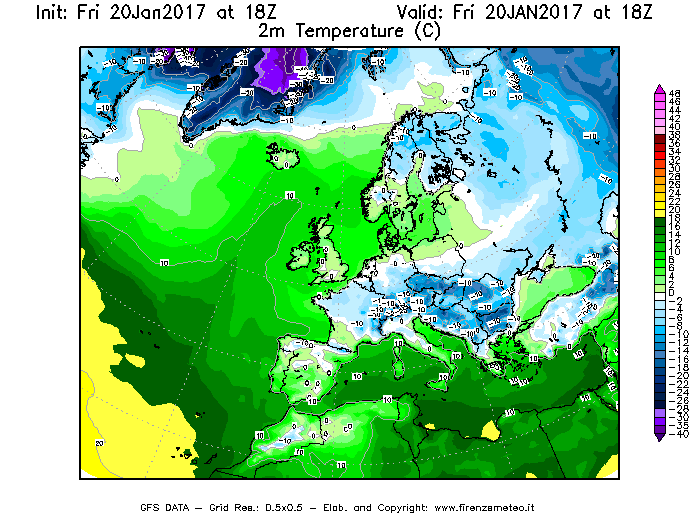 Mappa di analisi GFS - Temperatura a 2 metri dal suolo [°C] in Europa
									del 20/01/2017 18 <!--googleoff: index-->UTC<!--googleon: index-->