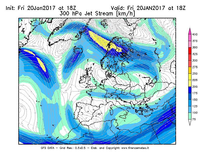 Mappa di analisi GFS - Jet Stream a 300 hPa in Europa
									del 20/01/2017 18 <!--googleoff: index-->UTC<!--googleon: index-->