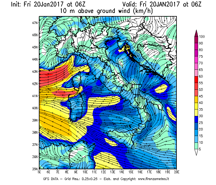 Mappa di analisi GFS - Velocità del vento a 10 metri dal suolo [km/h] in Italia
							del 20/01/2017 06 <!--googleoff: index-->UTC<!--googleon: index-->