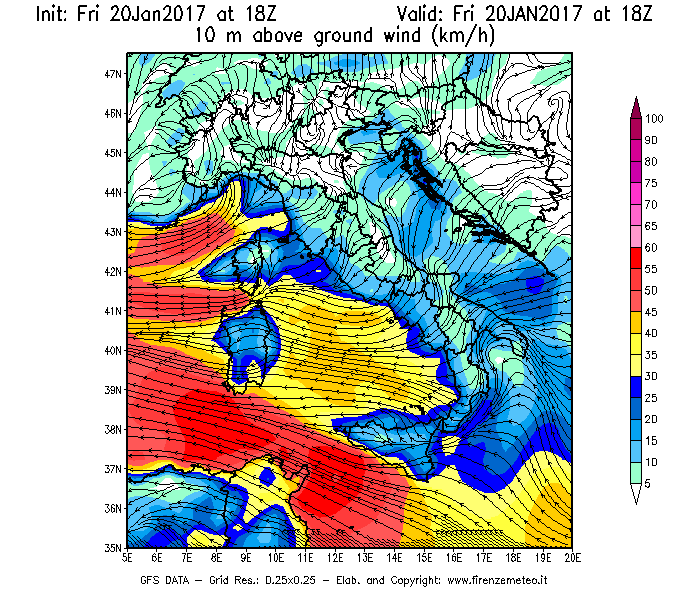 Mappa di analisi GFS - Velocità del vento a 10 metri dal suolo [km/h] in Italia
							del 20/01/2017 18 <!--googleoff: index-->UTC<!--googleon: index-->