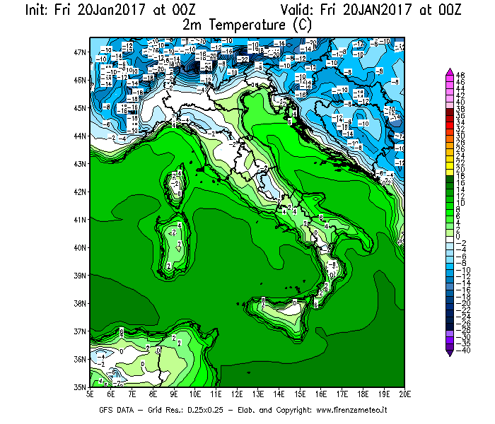 Mappa di analisi GFS - Temperatura a 2 metri dal suolo [°C] in Italia
							del 20/01/2017 00 <!--googleoff: index-->UTC<!--googleon: index-->