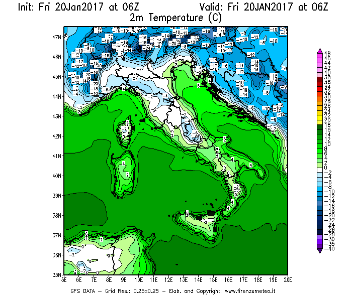 Mappa di analisi GFS - Temperatura a 2 metri dal suolo [°C] in Italia
							del 20/01/2017 06 <!--googleoff: index-->UTC<!--googleon: index-->