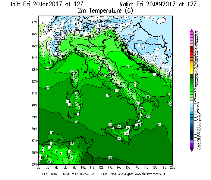 Mappa di analisi GFS - Temperatura a 2 metri dal suolo [°C] in Italia
							del 20/01/2017 12 <!--googleoff: index-->UTC<!--googleon: index-->