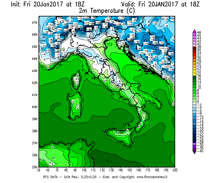 Mappa di analisi GFS - Temperatura a 2 metri dal suolo [°C] in Italia
									del 20/01/2017 18 <!--googleoff: index-->UTC<!--googleon: index-->