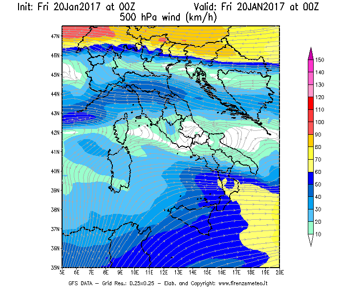 Mappa di analisi GFS - Velocità del vento a 500 hPa [km/h] in Italia
							del 20/01/2017 00 <!--googleoff: index-->UTC<!--googleon: index-->