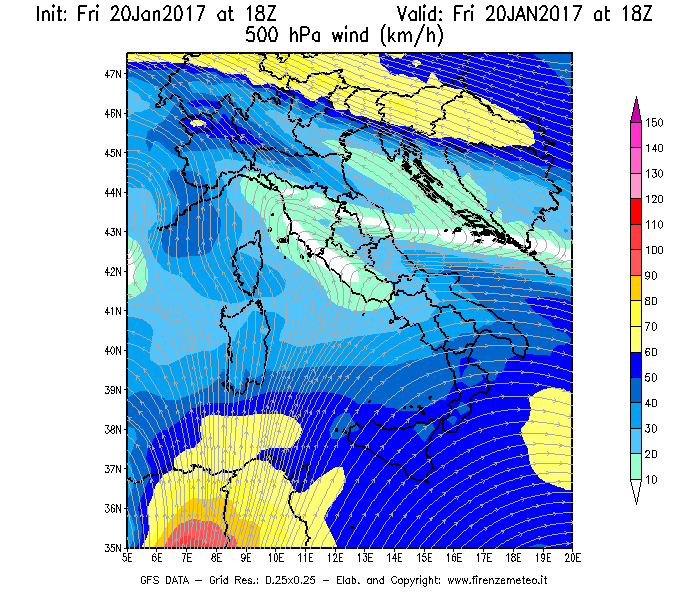 Mappa di analisi GFS - Velocità del vento a 500 hPa [km/h] in Italia
									del 20/01/2017 18 <!--googleoff: index-->UTC<!--googleon: index-->