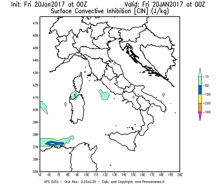 Mappa di analisi GFS - CIN [J/kg] in Italia
							del 20/01/2017 00 <!--googleoff: index-->UTC<!--googleon: index-->
