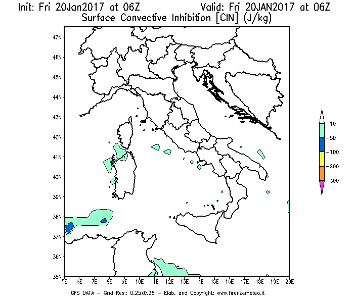Mappa di analisi GFS - CIN [J/kg] in Italia
									del 20/01/2017 06 <!--googleoff: index-->UTC<!--googleon: index-->