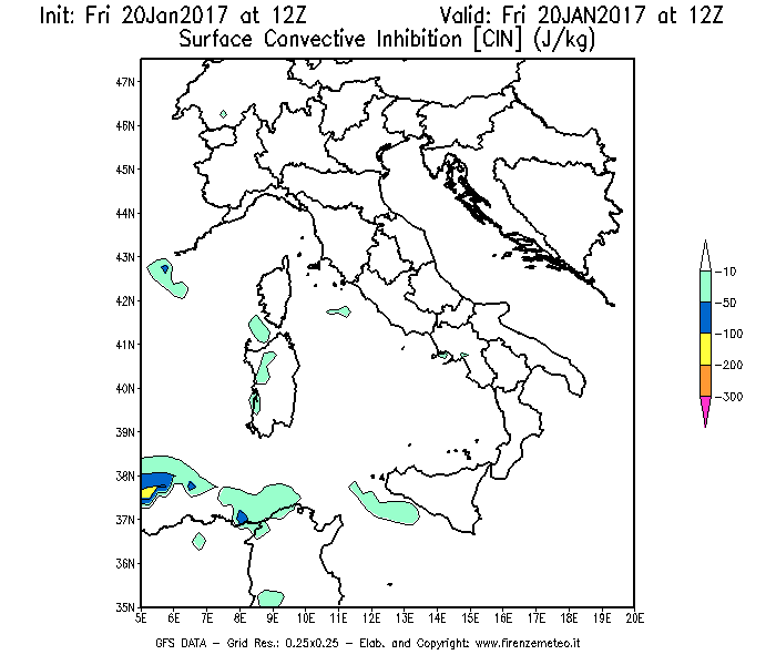 Mappa di analisi GFS - CIN [J/kg] in Italia
							del 20/01/2017 12 <!--googleoff: index-->UTC<!--googleon: index-->