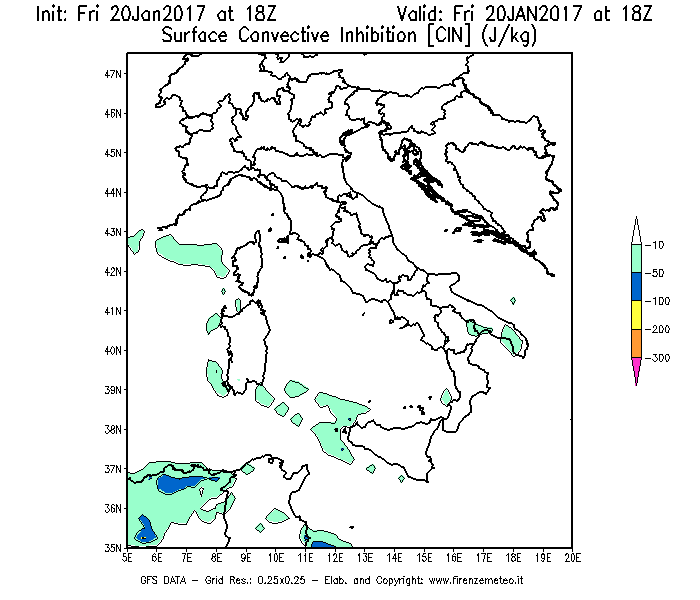 Mappa di analisi GFS - CIN [J/kg] in Italia
									del 20/01/2017 18 <!--googleoff: index-->UTC<!--googleon: index-->