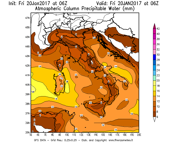 Mappa di analisi GFS - Precipitable Water [mm] in Italia
							del 20/01/2017 06 <!--googleoff: index-->UTC<!--googleon: index-->