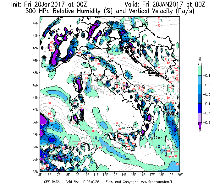Mappa di analisi GFS - Umidità relativa [%] e Omega [Pa/s] a 500 hPa in Italia
									del 20/01/2017 00 <!--googleoff: index-->UTC<!--googleon: index-->