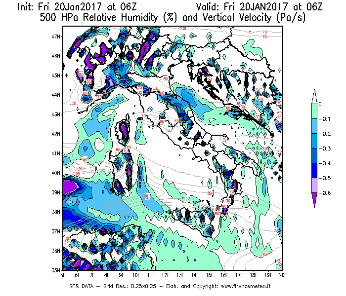Mappa di analisi GFS - Umidità relativa [%] e Omega [Pa/s] a 500 hPa in Italia
							del 20/01/2017 06 <!--googleoff: index-->UTC<!--googleon: index-->