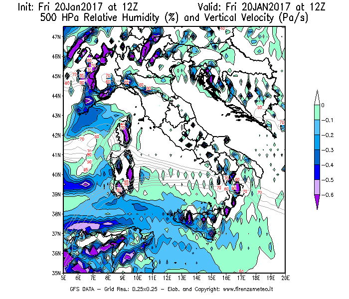 Mappa di analisi GFS - Umidità relativa [%] e Omega [Pa/s] a 500 hPa in Italia
							del 20/01/2017 12 <!--googleoff: index-->UTC<!--googleon: index-->