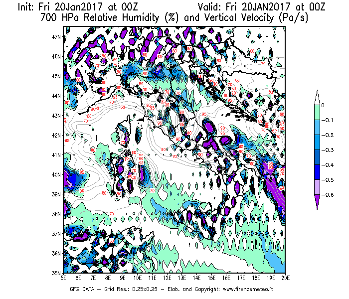 Mappa di analisi GFS - Umidità relativa [%] e Omega [Pa/s] a 700 hPa in Italia
									del 20/01/2017 00 <!--googleoff: index-->UTC<!--googleon: index-->