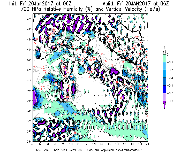 Mappa di analisi GFS - Umidità relativa [%] e Omega [Pa/s] a 700 hPa in Italia
							del 20/01/2017 06 <!--googleoff: index-->UTC<!--googleon: index-->