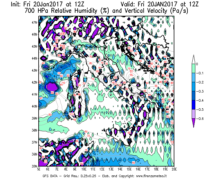 Mappa di analisi GFS - Umidità relativa [%] e Omega [Pa/s] a 700 hPa in Italia
									del 20/01/2017 12 <!--googleoff: index-->UTC<!--googleon: index-->