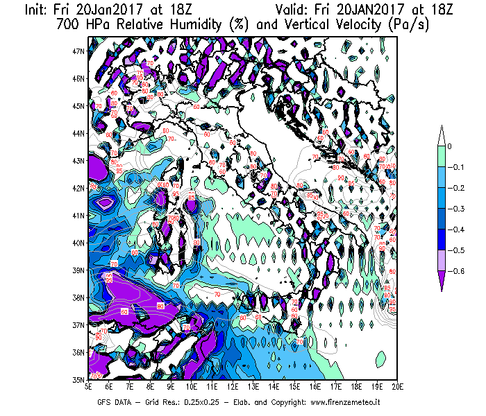 Mappa di analisi GFS - Umidità relativa [%] e Omega [Pa/s] a 700 hPa in Italia
									del 20/01/2017 18 <!--googleoff: index-->UTC<!--googleon: index-->