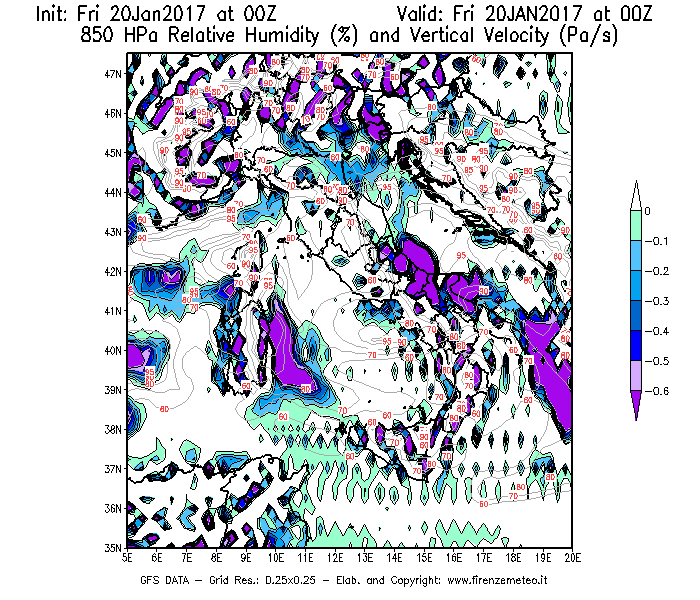 Mappa di analisi GFS - Umidità relativa [%] e Omega [Pa/s] a 850 hPa in Italia
							del 20/01/2017 00 <!--googleoff: index-->UTC<!--googleon: index-->