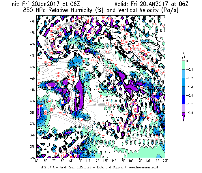 Mappa di analisi GFS - Umidità relativa [%] e Omega [Pa/s] a 850 hPa in Italia
									del 20/01/2017 06 <!--googleoff: index-->UTC<!--googleon: index-->