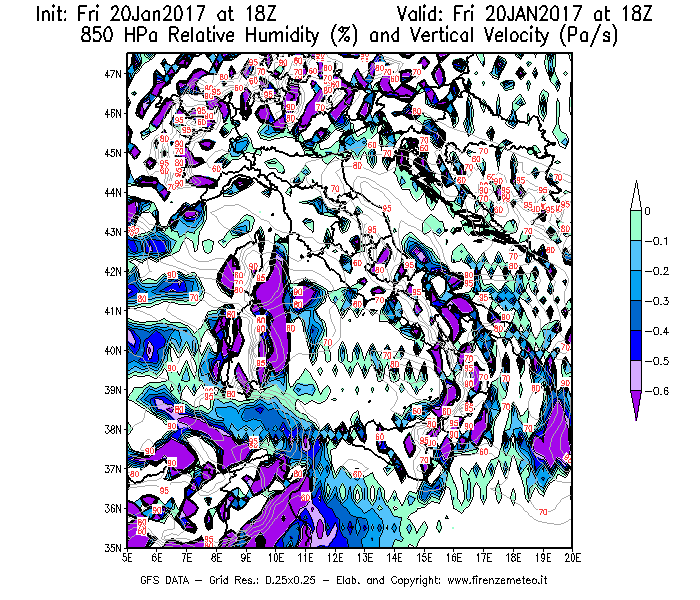 Mappa di analisi GFS - Umidità relativa [%] e Omega [Pa/s] a 850 hPa in Italia
									del 20/01/2017 18 <!--googleoff: index-->UTC<!--googleon: index-->