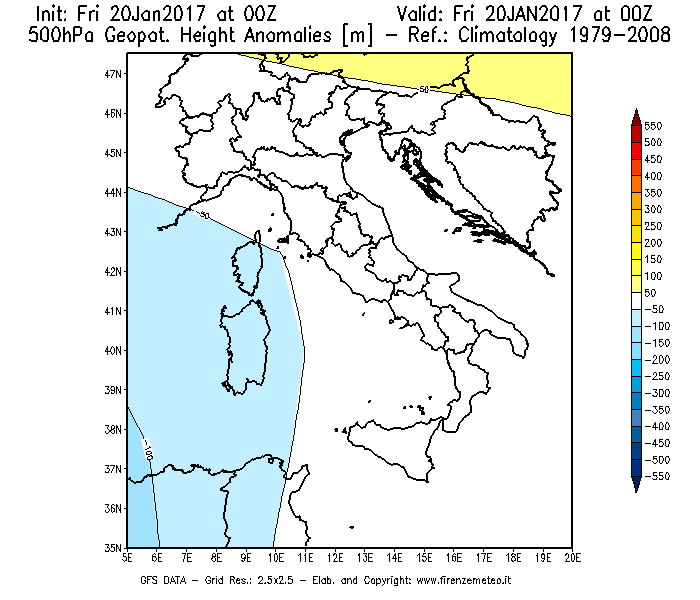 Mappa di analisi GFS - Anomalia di Geopotenziale a 500 hPa in Italia
							del 20/01/2017 00 <!--googleoff: index-->UTC<!--googleon: index-->