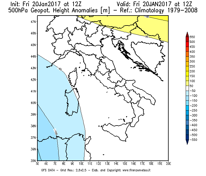 Mappa di analisi GFS - Anomalia di Geopotenziale a 500 hPa in Italia
							del 20/01/2017 12 <!--googleoff: index-->UTC<!--googleon: index-->