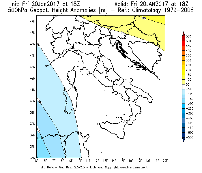 Mappa di analisi GFS - Anomalia di Geopotenziale a 500 hPa in Italia
									del 20/01/2017 18 <!--googleoff: index-->UTC<!--googleon: index-->